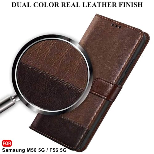 Image of TheGiftKart Flip Back Cover Case for Samsung Galaxy M56 5G / F56 5G | Dual-Color Leather Finish | Inbuilt Stand & Pockets | Wallet Style Flip Back Cover Case (Faux Leather, Brown & Coffee)