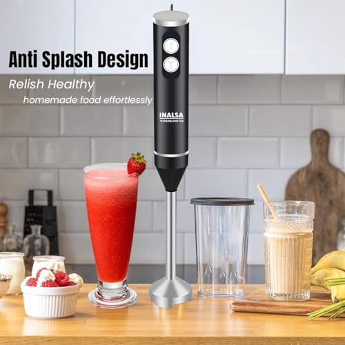Image of INALSA TurboBlend 450 Hand Blender | 450W Powerful Motor | 2 Speed Control | Stainless Steel Detachable Stem & Blades | Silent Operation | BPA Free | Black /Silver | 1 Year Warranty