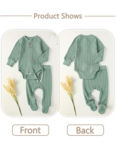 Newborn Baby Girl Clothes Infant Outfits Knit Cotton Button Long Sleeve Romper Footed Pant Set Winter Clothes Green 3-6 Months #TOP2