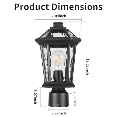 Image of JYZ Outdoor Post Lights Lamp Post Light Fixture, 14'' Pole Lantern with E26 Base 60W Max & Waterproof Aluminum Housing Plus Water Ripple Glass,Fence Post Deck Lighting for Garden, Patio, Pathway