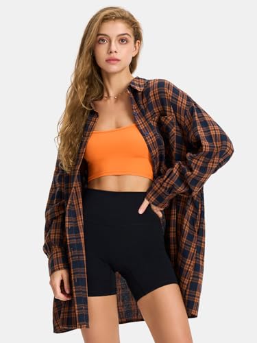 EXLURA Womens Plaid Flannel Shacket Long Sleeve Button Down Shirts Long Jackets Oversized Spring Fashion Outfits 2025 Clothes3