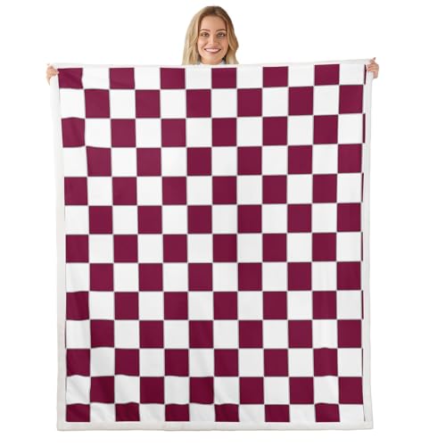 Image of Erosebridal Burgundy Check Plaid Throw Blanket 40 inchX50 inch White Red Checkerboard Fleece Bed Blanket,Checkered Grid Sherpa Blanket for Kids Teen Adults Aesthetic Geometric Fuzzy Blanket