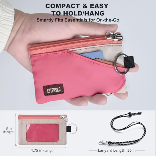 Image of RFID Blocking Travel Wallet with Adjustable Lanyard, Small Nylon Zipper Pouch and Badge Holder for ID, Credit Cards, Cash, Keys, Commuters (Pink+Almond)