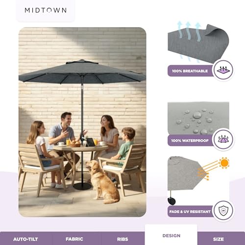 Image of Midtown Umbrellas - 10-Year-No-Fade 9 Ft Patio Umbrella with Terylast Fabric, Auto-Tilt Aluminum Frame and 8 Reinforced Ribs for Deck, Pool, Garden & Beach - Geige Canopy, Black Pole