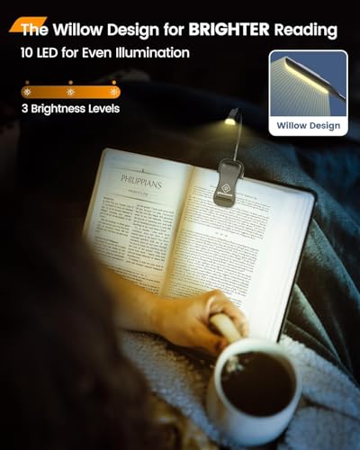 Glocusent Luz de leitura Willow para leitura na cama, luz de leitura brilhante de 10 LEDs, 3 cores e