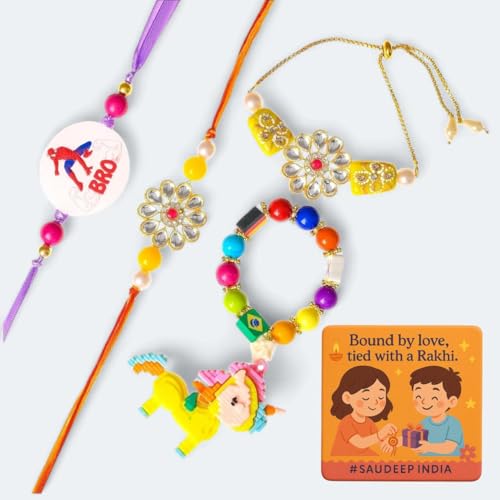 Image of Saudeep India Fridge Magnet with Family Rakhi Combo Gift Set of Lumba Couple Rakhi for Bhaiya Bhabhi Kid Brother & Baby | Travel Souvenir | Refrigerator Magnet