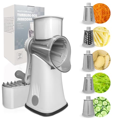 Rotary Cheese Grater with Handle, Hand Crank Cheese Shredder Kitchen Mandoline Vegetable Slicer with 5 Interchangeable Blades, Easy to Clean Rotary Grater for for Cheese Potato Nuts Chocolate