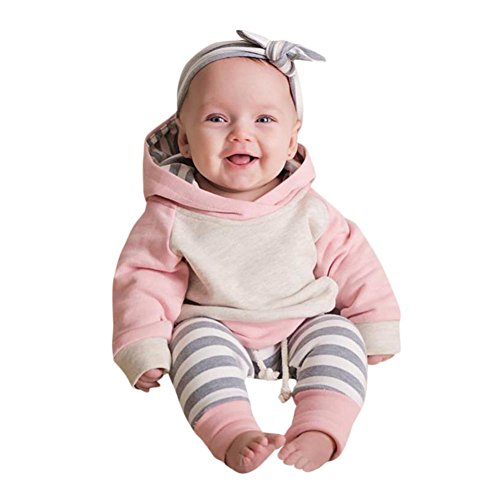 Ropa bebé, 3pcs Conjunto de Ropa para bebé niñas Sudadera con Capucha Tops+ Pantalones + Diadema Conjunto de Trajes 0 Mes - 2 Años (Rosado, Tamaño:6 Mes)