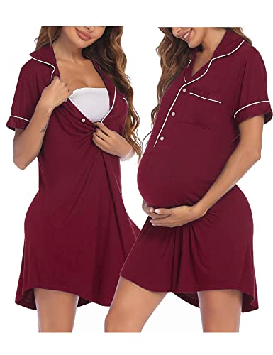 Image of Ekouaer Nursing Nightgowns for Breastfeeding Short Sleeve Button Labor and Delivery Gown Maternity Gown for Hospital