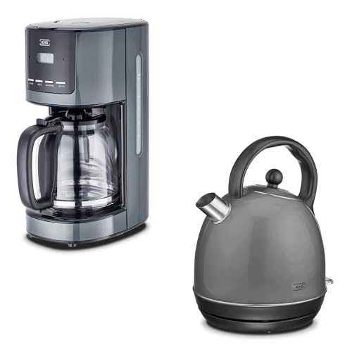 KHG Frühstücksset Wasserkocher & Kaffeemaschine Dunkelgrau Anthrazit, Kessel-Kocher 1,7 Liter, 360° Sockel, Kalkfilter, Kontrollleuchte, 12 Tassen Kaffee, LCD-Display mit Timer, Tropfstopp