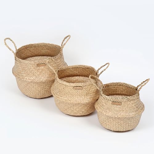 Image of Habere India-All the Cultures Fabricating India Wicker Basket for Plants | Baskets Home Decor | Bamboo Storage Baskets | Toy Organiser | Seagrass Belly Basket - Round; Beige (Set of 3 - S; M; L)
