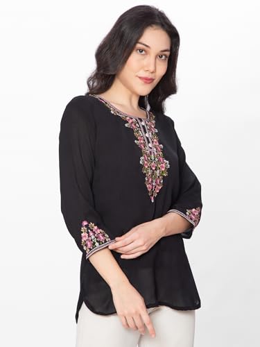 Image of HAUTEMODA Women Cotton Floral Embroidered Short Kurti, Tunic, Three-Fourth Sleeves, White