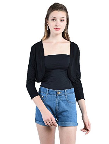 Image of PepTrends Women's Knitted Open Neck Three Fourth Sleeves Shrug(Black, Medium)