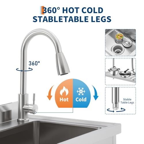 Image of Garvee 47 Inch Commercial Utility Sink with Faucet, Freestanding Stainless Steel Sink with Workbench & Storage for Kitchen, Laundry, Garage, Outdoor