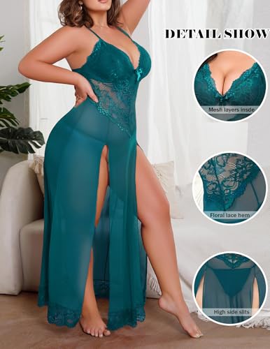 Image of Alrovetoney Plus Size Lingerie For Women Babydoll Sexy Mesh Maxi Nightdress Exotic Sleepwear Side Slits