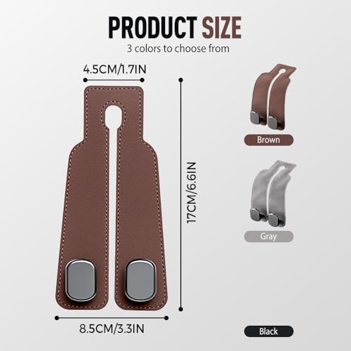 2026 New Car Seat Headrest Hooks for Purses and Bags - Support Car Headrest Hooks for Purses and Bags Coat, Leather Car Bag Purse Holder with Double Hooks (Brown-2PC) - Image 5