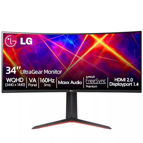 Image of LG 34 inch Curved Ultragear Gaming Monitor, QHD(3440x1440), 160Hz, AMD FreeSync, HDR10, sRGB 99%, Built-in Speakers, Multitasking and Content Creation, DisplayPort & HDMI, Tilt /Height Adjustable Stand