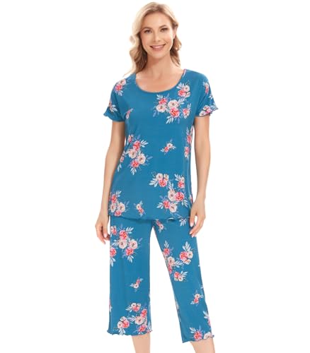 Image of NACHILA Women's Bamboo Viscose Pajama Sets Summer Cooling Short Sleeve Capri Soft Pjs Night Sweats Moisture Wicking Sleepwear