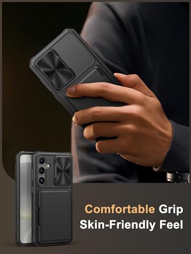 Image of Vihibii for Samsung Galaxy S24+ Back Cover with Card Holder (4 Cards) & Slide Camera Cover & Kickstand, Shockproof Rugged Hard Back & TPU Soft Edge Case for Galaxy S24 Plus, Black