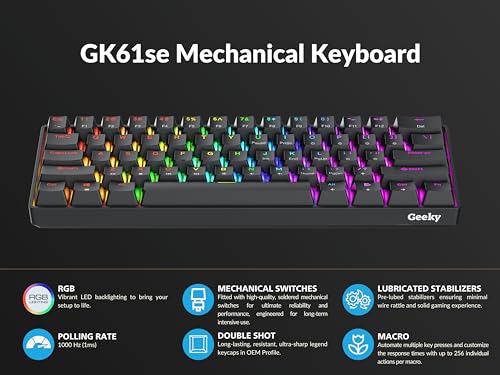 Geeky GK61 SE 60% | Clavier de Jeu Mécanique | 61 Touches Multicolores Rétroéclairées RGB LED pour Gaming PC/Mac | ANSI US Clavier Américain (Noir, Mechanical Speed Yellow) – vue 5