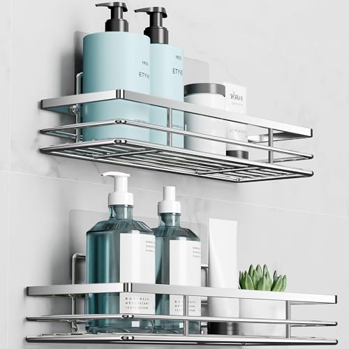 Saffruff Shower Caddy 2Pack No-Drilling Organiser Bathroom Caddy with Adhesive Silver 11.8 x 4.3