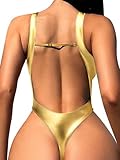 Foxiny Plus Size Sexy Backless Cheeky High Cut Leg Thong V Neck One Piece Swimsuit Women Tummy Control Brazilian Open Back Bathing Suit Bikini Gold 2X-Large