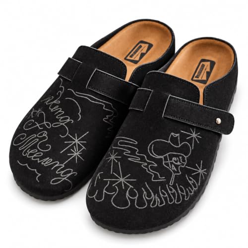 CTKVbmeoi Gothic Faux Suede Slip On Mules for Men Casual Indoor Outdoor Streetwear Clogs with Funny Skeleton Bone Graphic and Adjustable Buckle Strap (9,N89 Black)