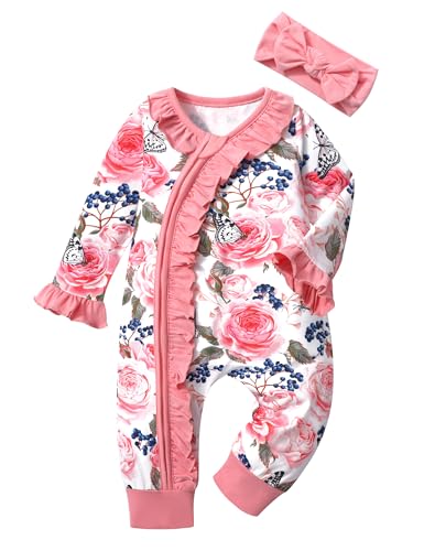Image of Von kilizo Baby Girl Clothes Infant Newborn Onesie Clothes for Baby Girls Long Sleeve Zip Closure Outfit with Headband