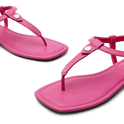 DREAM PAIRS DREAM PAIRS Women's T-Strap Thong Flat Sandals with Cute Square Toe Strappy for Summer,Size 5,Hot Pink,SDFS2301W