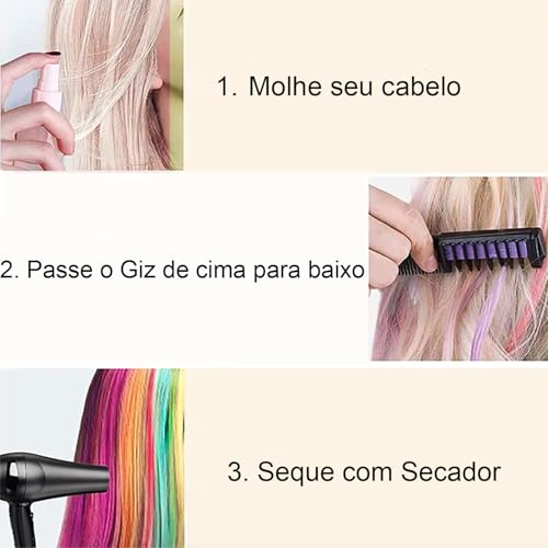 Giz de Cabelo Tintura Temporária: Kit 6 Cores Sortidas Infantil Dia das Crianças