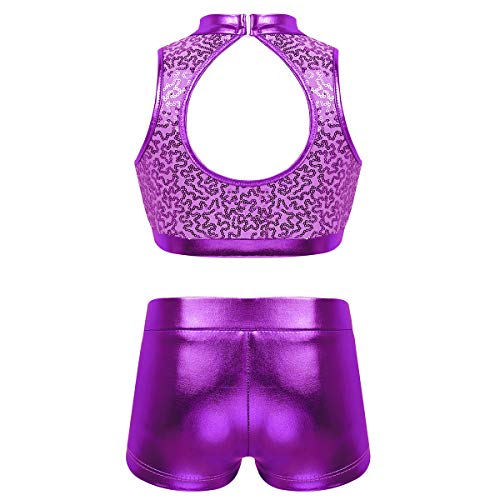 Image of easyforever Kids Girls 2PCS Shiny Mermaid Scales Ballet Dance Outfit Crop Top with Short Tankini Swimsuit
