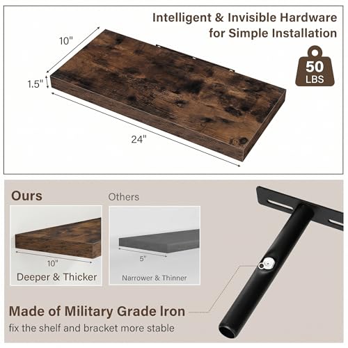 Image of Acovy 10 inch Extra Deep Floating Shelves for Wall, 24 inch Long Wood Wall Shelves Set of 2 for Bathroom Bedroom Kitchen Living Room Laundry Room, Modern Floating Shelf for Home Decor