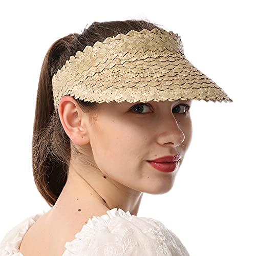 Outrip Straw Sun Visors Hats for Women Beach Summer Wide Brim UV Protection Roll-up Golf Tennis Running Visor(Beige)