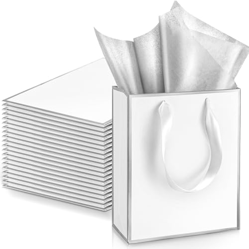 Image of Yeaqee 24 Pack Metallic Paper Gift Bag with Tissue, White, Silver | with Satin Ribbon Handle and Tissue, 9x7x3.1 Inch, Suit Business, Birthday, Christmas, Thank You Return Gifts Bags