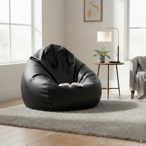 Image of 4XL Premium Faux Leather Bean Bag Cover Tear Drop Shape with Handle (Without Beans) Large Bean Bag Sofa Chair Cover for Adults & Kids Comfortable Seating for Living Room & Bedroom