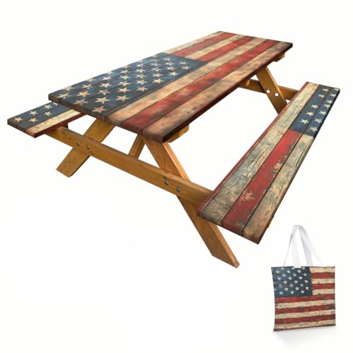 American Flag Picnic Table Cover with Bench Covers and Carrying Bag, Wooden Planks Texture Rectangle Table Cover, Outdoor Patio Camping Essentials 6FT 4PCS, Camping Fitted Tablecloth by HLDBS - Used condition - US$18.21