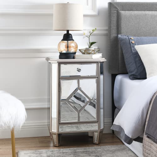 Lagrima Mirrored Nightstand With Drawer & Cabinets, Bedside End Table Silver-Finished Mirrored Accent Table For Living Room, No Assembly Required #TOP1