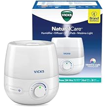 Vicks NaturalCare Cool Mist Ultrasonic Humidifier, Small Room Humidifier for Bedroom, Diffuser with Nighttime Light, Works with Vicks VapoPads, White