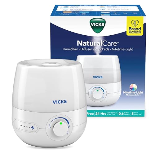 Vicks NaturalCare Cool Mist Ultrasonic Humidifier (VUL530), White, Small Room – Humidifier and Diffuser with Nighttime Light, Works with Vicks VapoPads