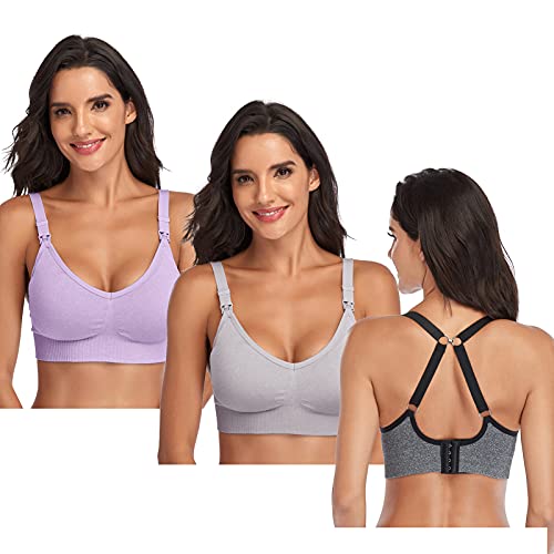 Vinfact 3 Pack Nursing Sports Bras Racerback Women Maternity Bras Pregnancy Breastfeeding with Extra Extenders, Black/Grey/Purple, M