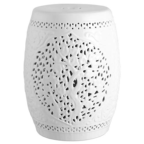 JONATHAN Y Tree of Life 18" Ceramic Garden Stool Traditional White Floral Chinoiserie Drum Stool, Pierced Indoor/Outdoor Patio Seat & Side Table, White TBL1002A by JONATHAN Y - Used condition - US$64.24