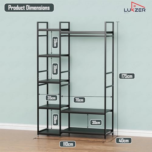 Image of Lukzer Heavy Duty Garment Rack with 8 Shelves & Hanging Rod | Free-Standing Modern Clothes Stand Metal & Engineered Wood Shoe Rack with Adjustable Foot Pads for Living Room - MMR-004 /Black & Black