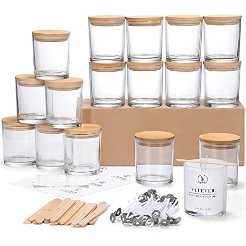 16 Pack, 10 OZ Thick Glass Candle Jars with Bamboo Lids and Candle Wick Kit - Bulk Clear Empty Glass Candle Jars for Making Candles - Spice, Powder Containers Cover