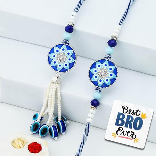 Image of eCraftIndia Floral Evil Eye Designer Rakhis for Brother and Bhabhi | Bhaiya Bhabhi Rakhi Set of 2 | Lumba Rakhi | Best Bro Ever Fridge Magnet | Roli Chawal Pack