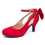 Enelauge Women's Mary Jane Bow Closed Toe Vintage Pumps Low Kitten Heel Retro Ankle Strap Buckle Comfortable Vintage Elegant Wedding Party Dress Shoes Red Suede 40-8.5US
