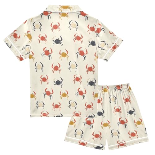 Retro Simple Crab Pattern Summer Satin Pajama Set, Cute Button-Down Sleepwear Pj Set for Sleep Wears2