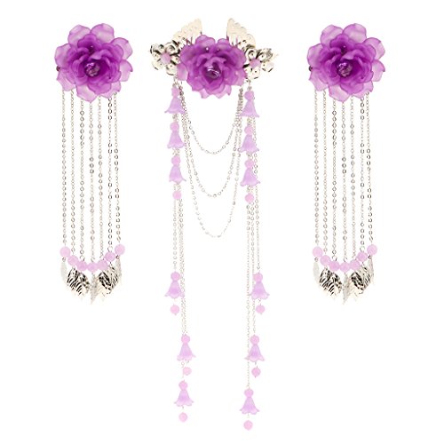 3 Pieces Costume Classic Flower Hair Clip Barrette Long Tassel for Hanfu COS Hair Ornaments - Purple