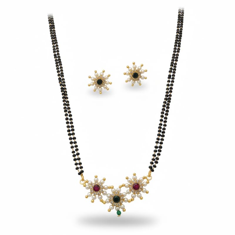 Double Line Black Bead Mangalsutra Set with Stone Floral Pendant and Matching Earrings for Women (18 Inch)-image-23