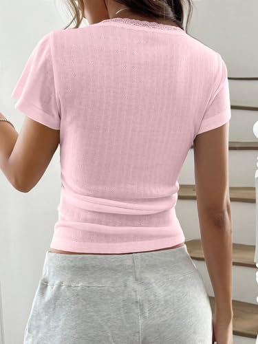 Women Y2k Lace Trim Scoop Neck Short Sleeve Henley Baby Tee Shirts Button Front Preppy Pointelle Fitted Crop Tops3
