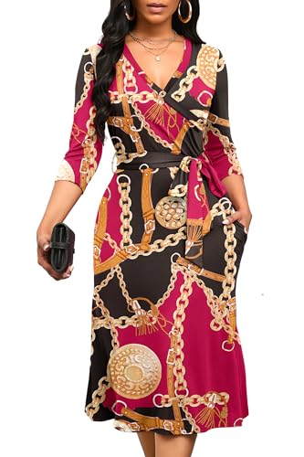 Runwind Women'S Midi Dress,3/4 Sleeves V Neck Cocktail Party Dress Curvy Wrap Sexy Geometric Pattern Dresses With Belt cover